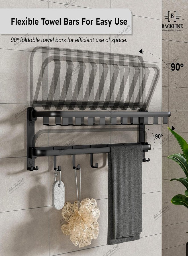 B BACKLINE رف مناشف قابل للطي من الألومنيوم من B Backline | حامل مناشف قابل للطي للتثبيت على الحائط مقاس 24 بوصة مع قضيب دوار، 9 خطافات ورف تخزين | حامل مناشف للحمام للشامبو والإكسسوارات | لون أسود مطفي - Image 4